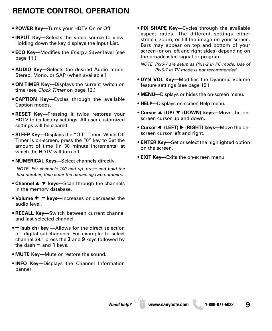 Remote control operation | Sanyo DP42740 User Manual | Page 9 / 48