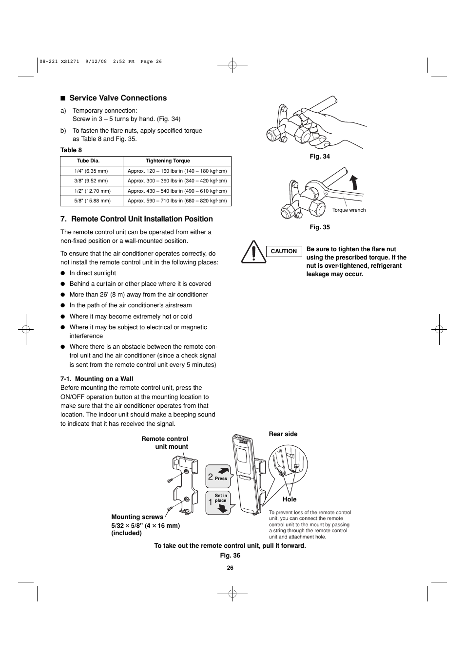 Remote control unit installation position, Service valve connections | Sanyo DC INVERTER SPLIT SYSTEM AIR CONDITIONER C1271 User Manual | Page 114 / 131