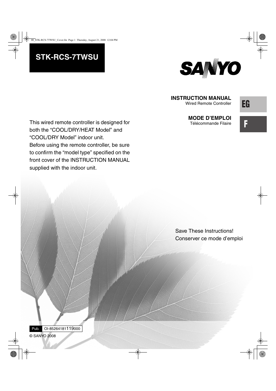 Stk-rcs-7twsu cover.pdf, Stk-rcs-7twsu | Sanyo DC INVERTER SPLIT SYSTEM AIR CONDITIONER C1271 User Manual | Page 117 / 131