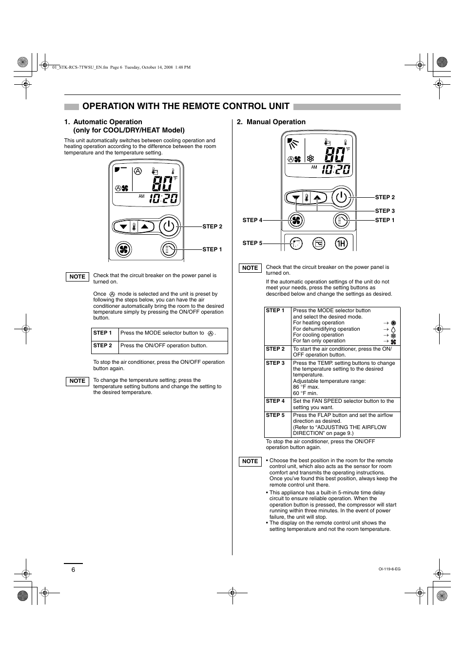 Operation with the remote control unit, Automatic operation (only for cool/dry/heat model), Manual operation | Sanyo DC INVERTER SPLIT SYSTEM AIR CONDITIONER C1271 User Manual | Page 122 / 131