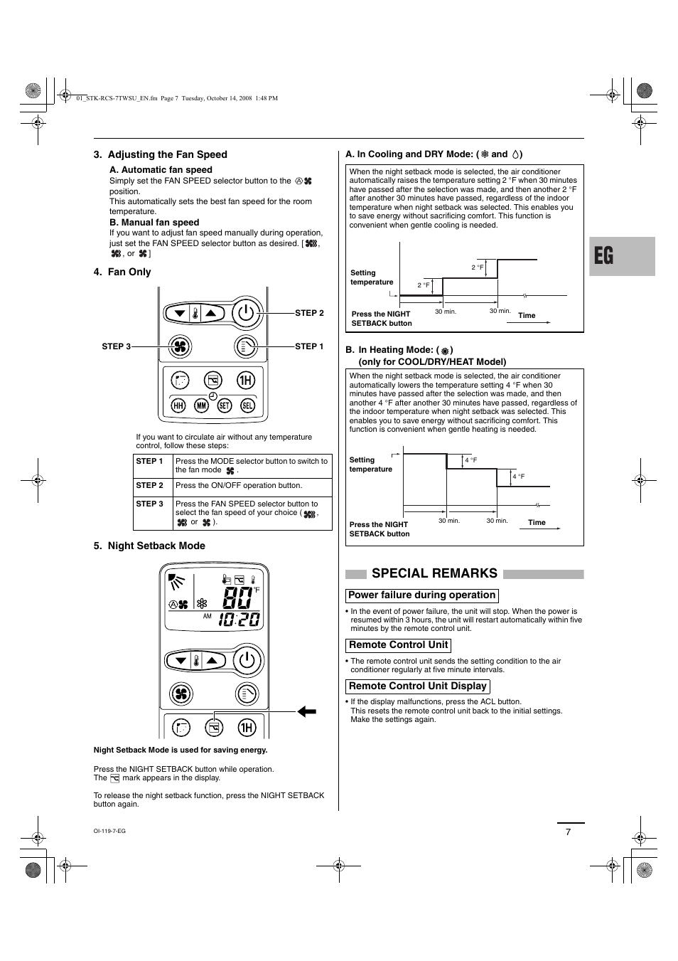 Special remarks, Adjusting the fan speed, Fan only 5. night setback mode | Sanyo DC INVERTER SPLIT SYSTEM AIR CONDITIONER C1271 User Manual | Page 123 / 131