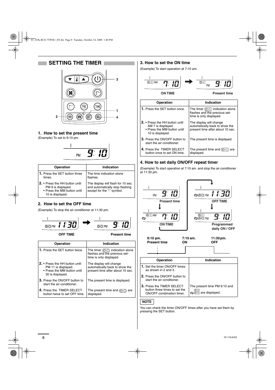 Setting the timer, How to set the present time, How to set the off time | How to set the on time, How to set daily on/off repeat timer | Sanyo DC INVERTER SPLIT SYSTEM AIR CONDITIONER C1271 User Manual | Page 124 / 131