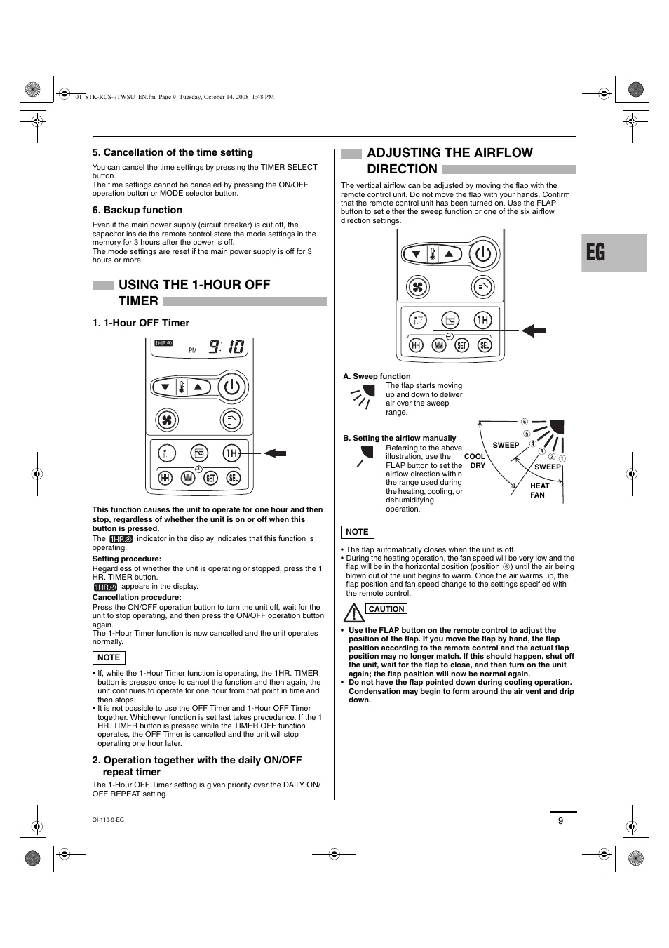 Using the 1-hour off timer, Adjusting the airflow direction | Sanyo DC INVERTER SPLIT SYSTEM AIR CONDITIONER C1271 User Manual | Page 125 / 131