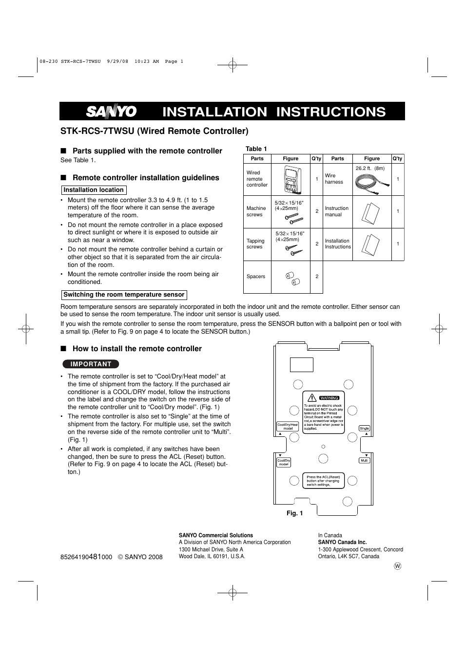 Installation instructions, Stk-rcs-7twsu (wired remote controller), Parts supplied with the remote controller | Remote controller installation guidelines, How to install the remote controller | Sanyo DC INVERTER SPLIT SYSTEM AIR CONDITIONER C1271 User Manual | Page 127 / 131