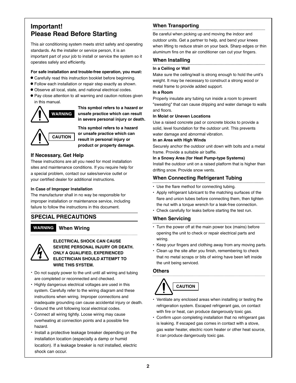 Important! please read before starting, Special precautions | Sanyo DC INVERTER SPLIT SYSTEM AIR CONDITIONER C1271 User Manual | Page 2 / 131
