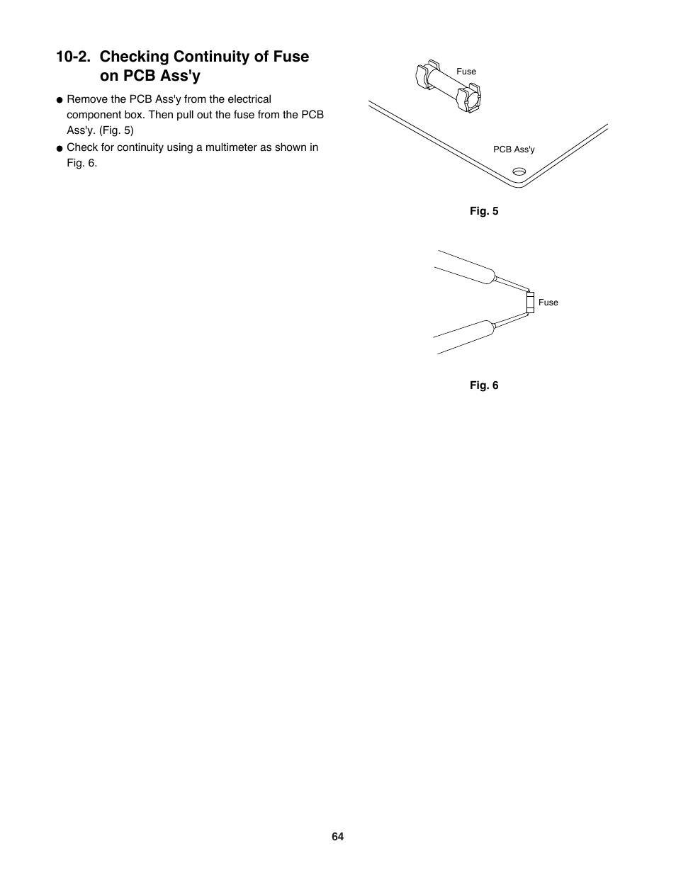 2. checking continuity of fuse on pcb ass'y | Sanyo DC INVERTER SPLIT SYSTEM AIR CONDITIONER C1271 User Manual | Page 64 / 131