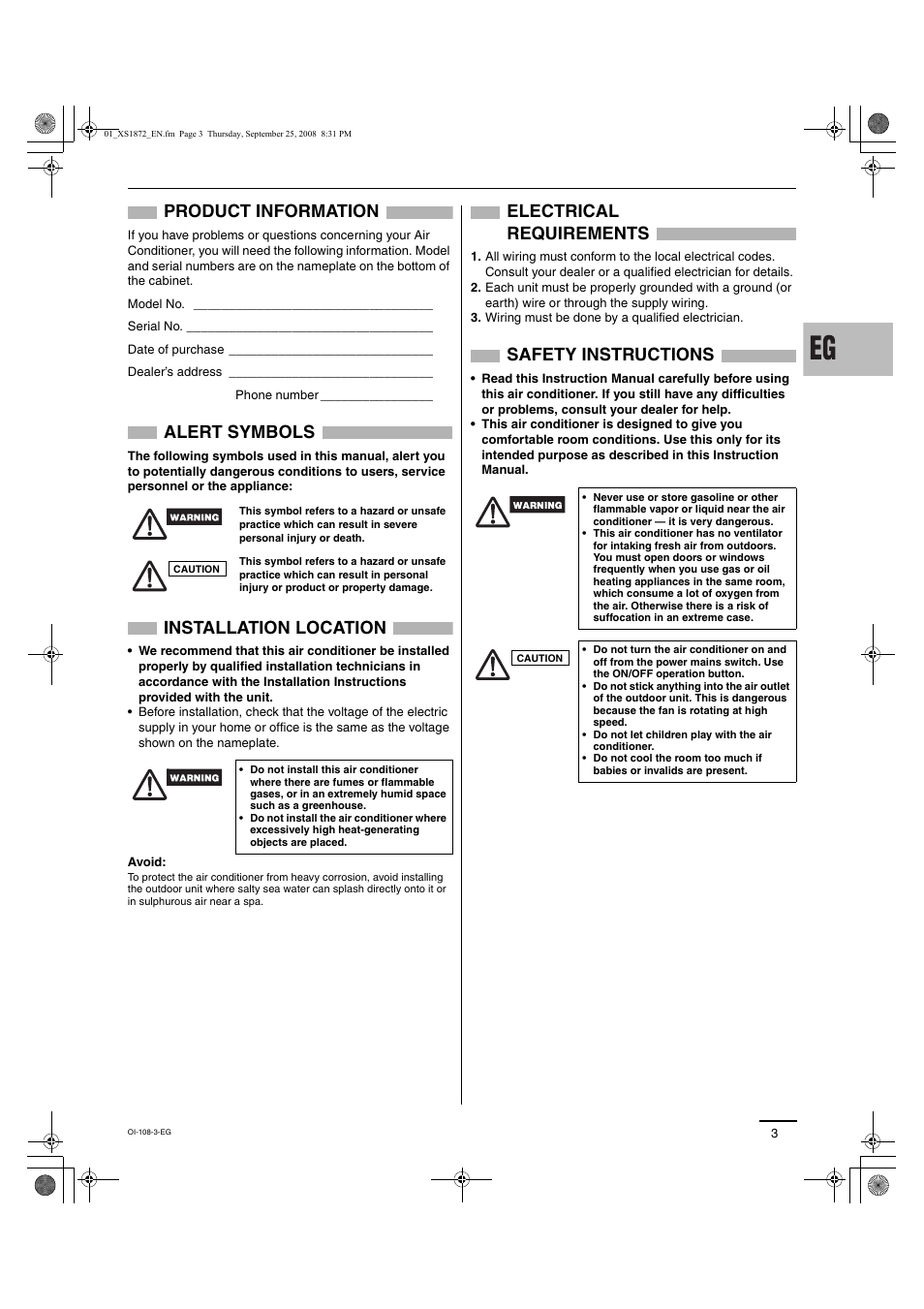 Product information, Alert symbols, Installation location | Electrical requirements, Safety instructions | Sanyo DC INVERTER SPLIT SYSTEM AIR CONDITIONER C1271 User Manual | Page 75 / 131