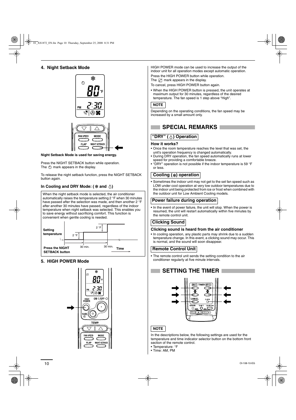 Special remarks, Setting the timer | Sanyo DC INVERTER SPLIT SYSTEM AIR CONDITIONER C1271 User Manual | Page 82 / 131
