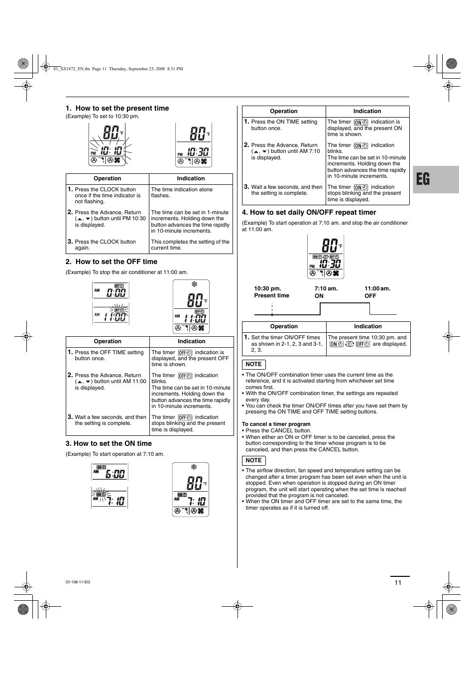 How to set the present time, How to set the off time, How to set the on time | How to set daily on/off repeat timer | Sanyo DC INVERTER SPLIT SYSTEM AIR CONDITIONER C1271 User Manual | Page 83 / 131