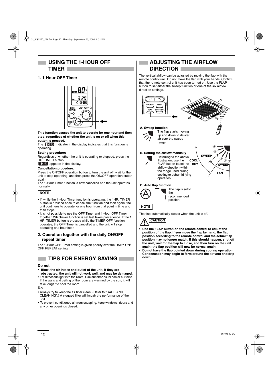 Using the 1-hour off timer, Tips for energy saving, Adjusting the airflow direction | Sanyo DC INVERTER SPLIT SYSTEM AIR CONDITIONER C1271 User Manual | Page 84 / 131