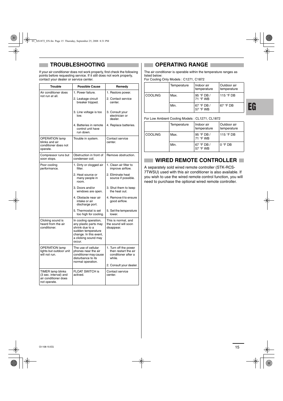 Troubleshooting, Operating range, Wired remote controller | Sanyo DC INVERTER SPLIT SYSTEM AIR CONDITIONER C1271 User Manual | Page 87 / 131