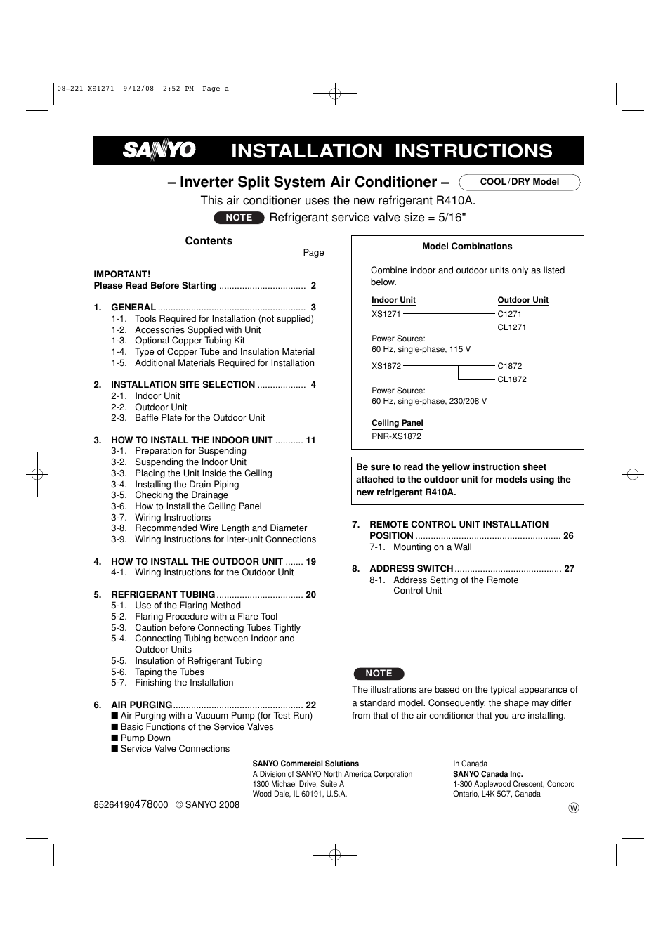Installation instructions, Inverter split system air conditioner | Sanyo DC INVERTER SPLIT SYSTEM AIR CONDITIONER C1271 User Manual | Page 89 / 131