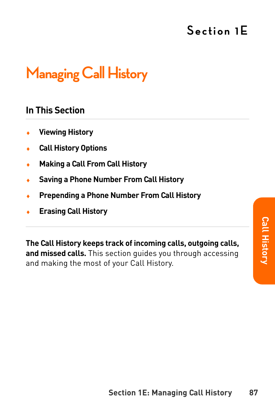 Managing call history, 1e. managing call history, Call his tory | Sanyo Katana User Manual | Page 100 / 216