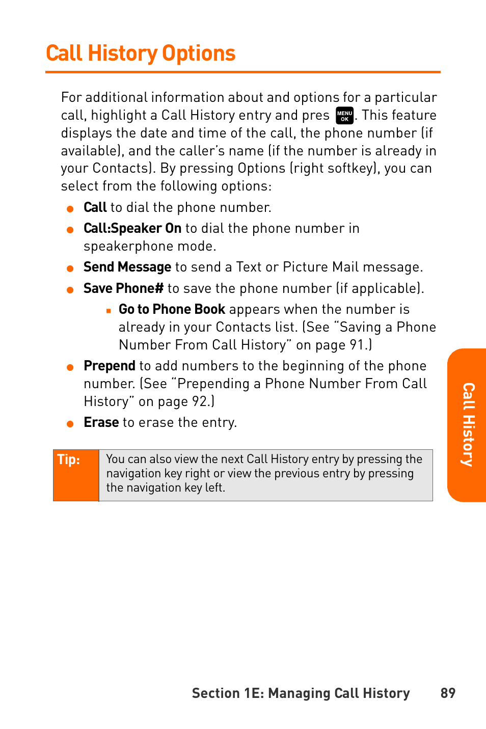 Call history options, Call his tory | Sanyo Katana User Manual | Page 102 / 216