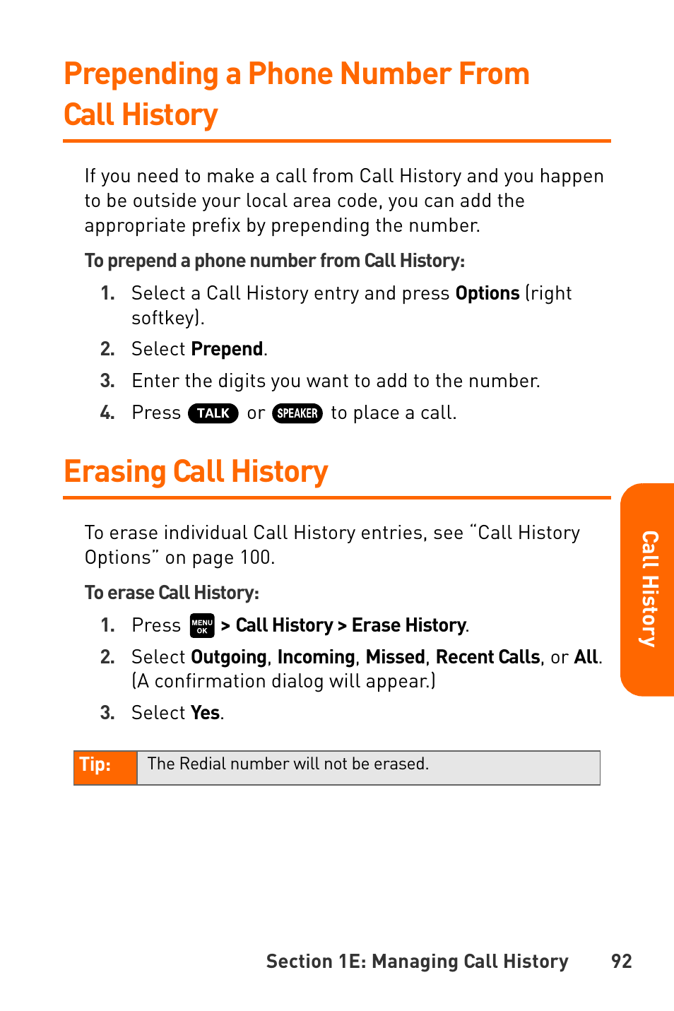 Prepending a phone number from call history, Erasing call history | Sanyo Katana User Manual | Page 105 / 216