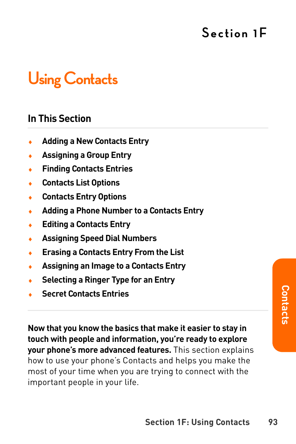 Using contacts, 1f. using contacts, Co ntac ts | Sanyo Katana User Manual | Page 106 / 216