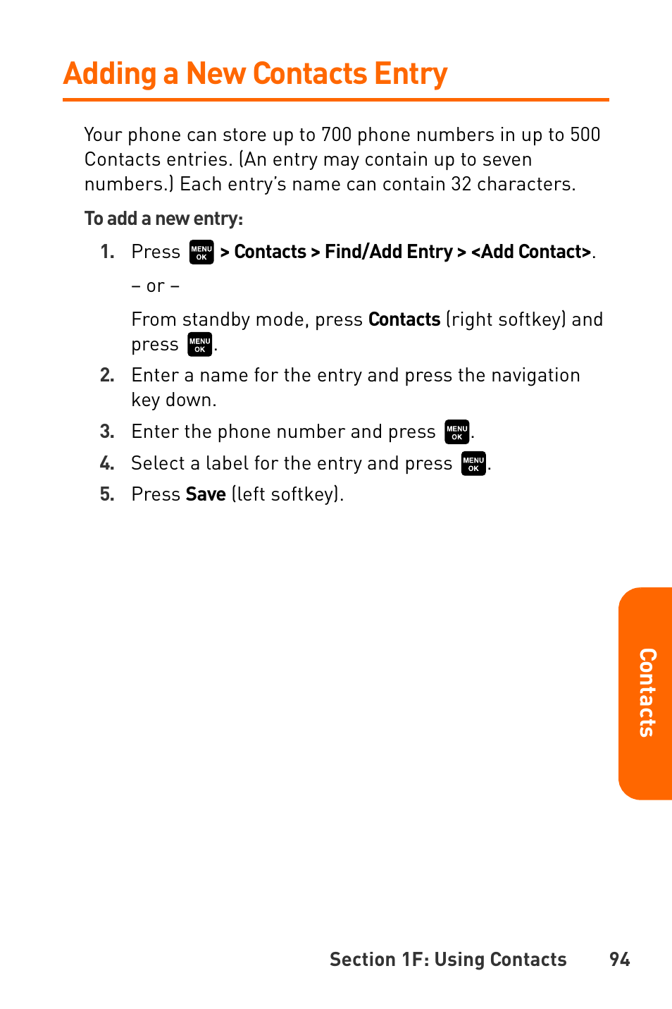 Adding a new contacts entry | Sanyo Katana User Manual | Page 107 / 216