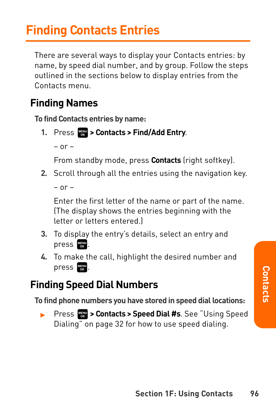 Finding contacts entries, Finding names, Finding speed dial numbers | Sanyo Katana User Manual | Page 109 / 216