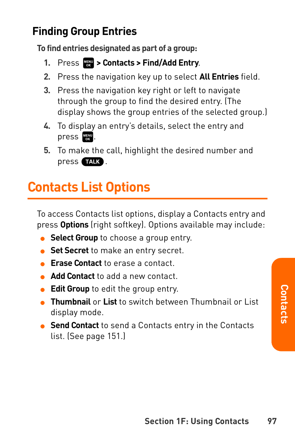 Contacts list options, Finding group entries, Co ntac ts | Sanyo Katana User Manual | Page 110 / 216