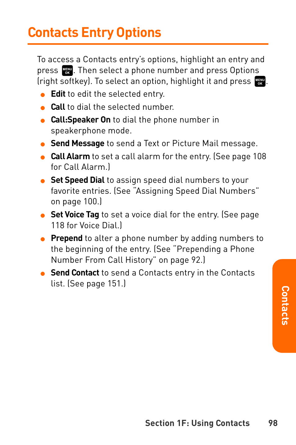 Contacts entry options, Co ntac ts | Sanyo Katana User Manual | Page 111 / 216