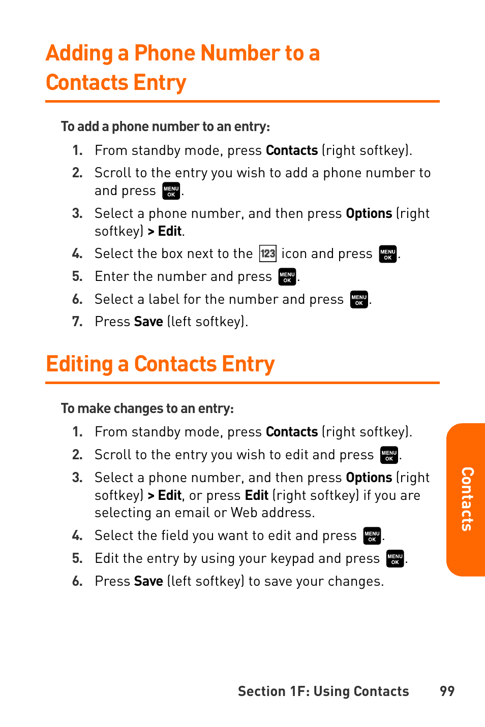 Adding a phone number to a contacts entry, Editing a contacts entry | Sanyo Katana User Manual | Page 112 / 216