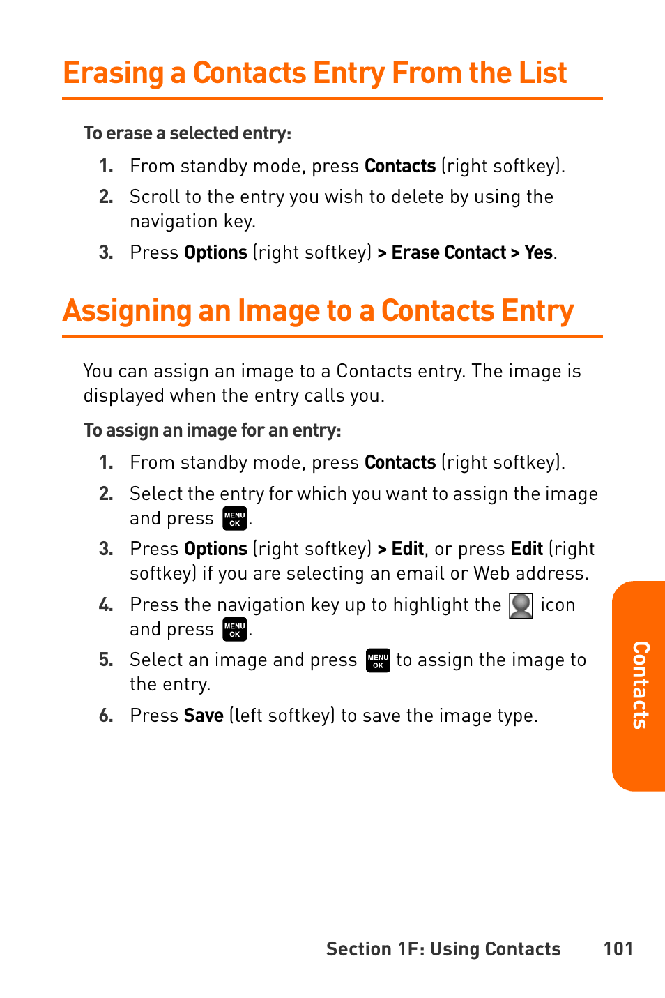 Erasing a contacts entry from the list, Assigning an image to a contacts entry | Sanyo Katana User Manual | Page 114 / 216