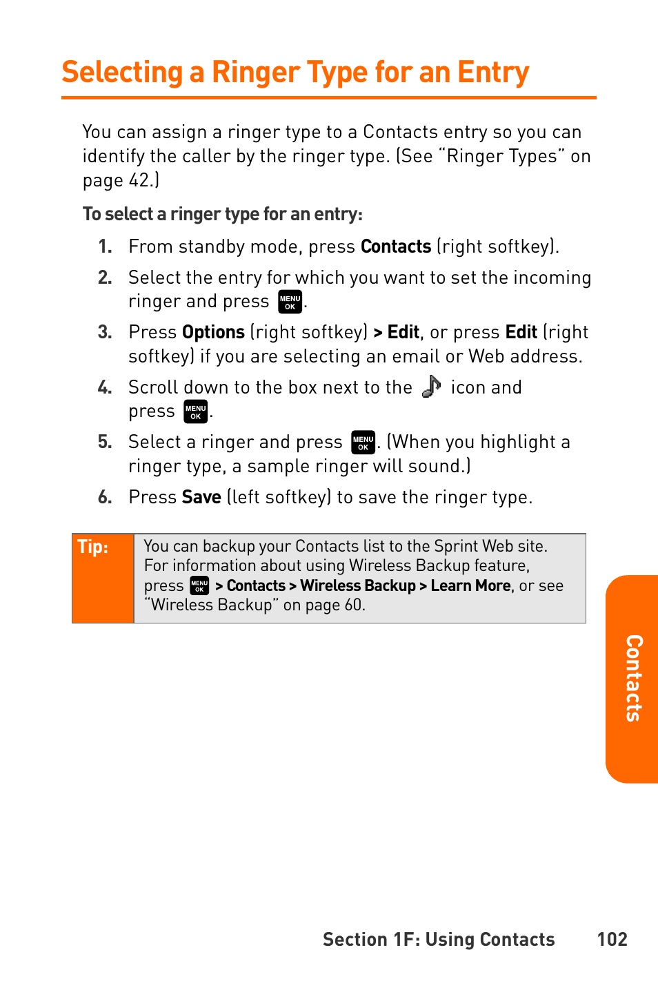 Selecting a ringer type for an entry, Co ntac ts | Sanyo Katana User Manual | Page 115 / 216