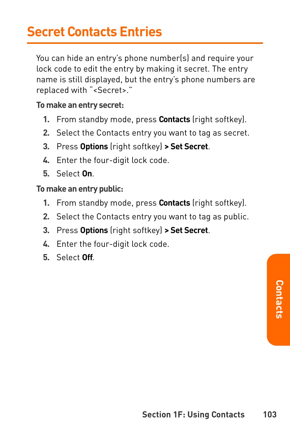 Secret contacts entries | Sanyo Katana User Manual | Page 116 / 216
