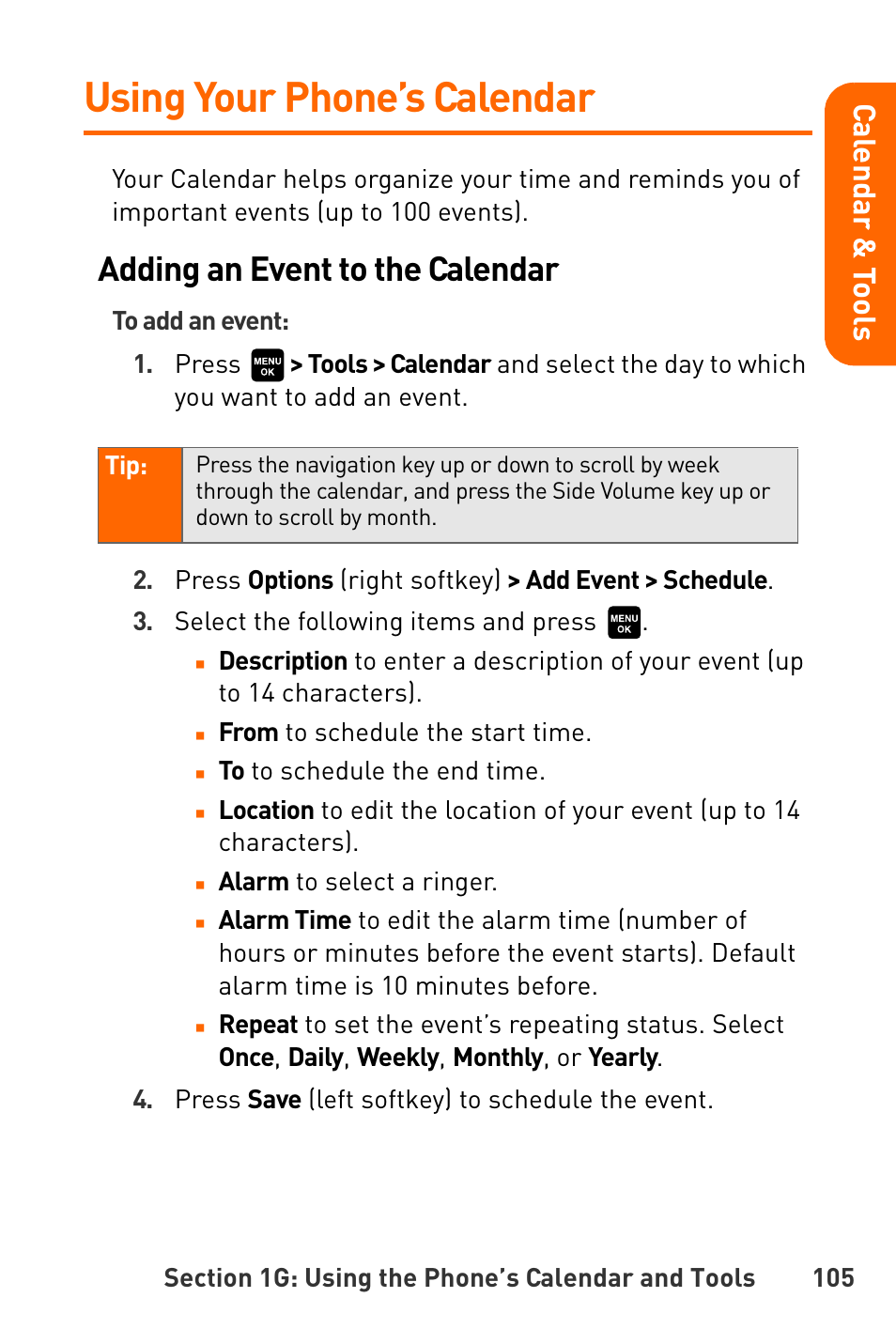 Using your phone’s calendar, Adding an event to the calendar, Cal e nd ar & t o o ls | Sanyo Katana User Manual | Page 118 / 216