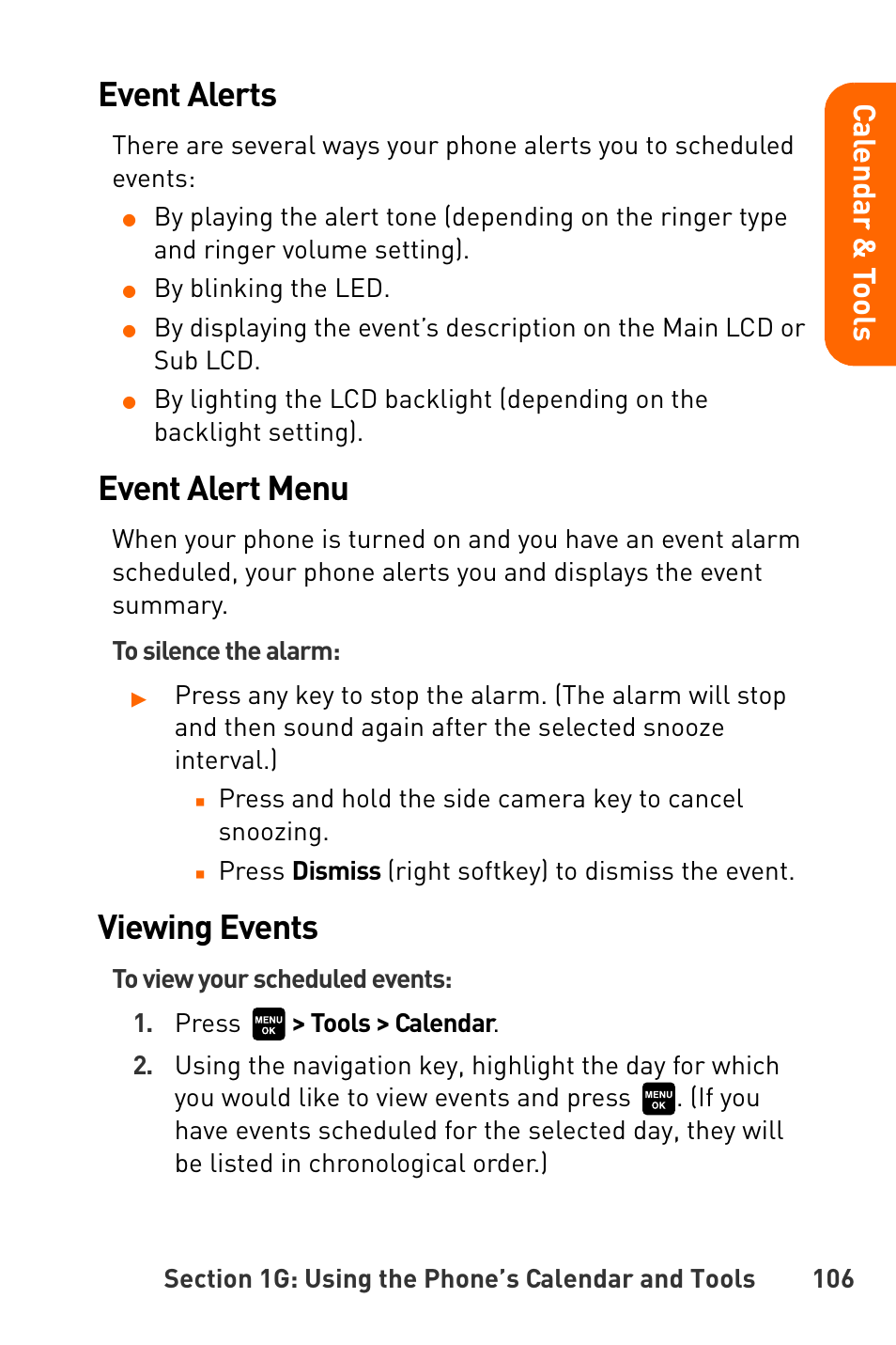 Event alerts, Event alert menu, Viewing events | Cal e nd ar & t o o ls | Sanyo Katana User Manual | Page 119 / 216