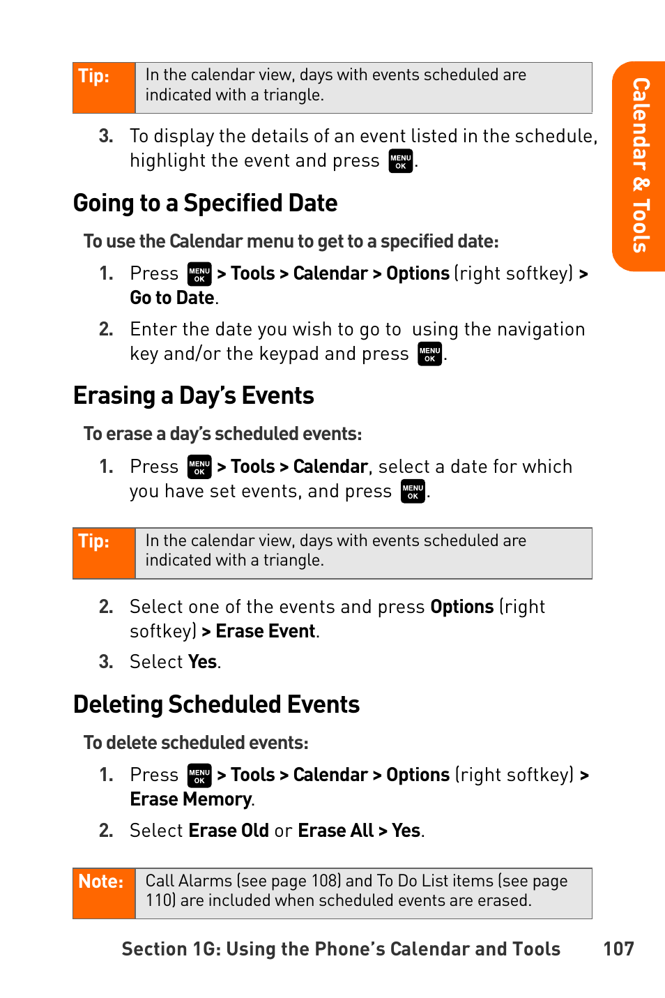 Going to a specified date, Erasing a day’s events, Deleting scheduled events | Sanyo Katana User Manual | Page 120 / 216