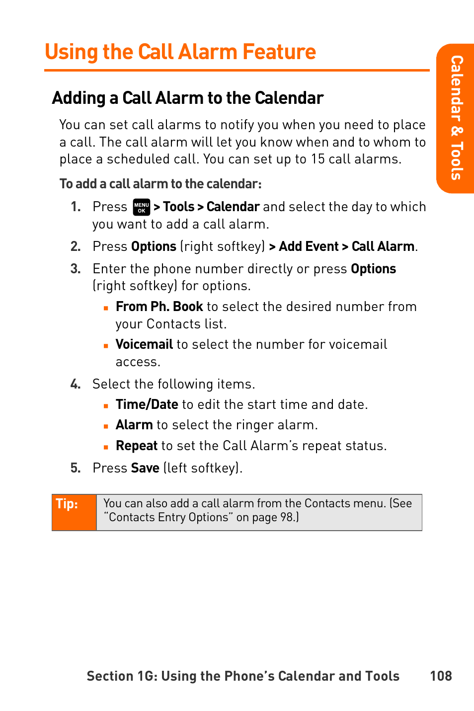 Using the call alarm feature, Adding a call alarm to the calendar, Cal e nd ar & t o o ls | Sanyo Katana User Manual | Page 121 / 216