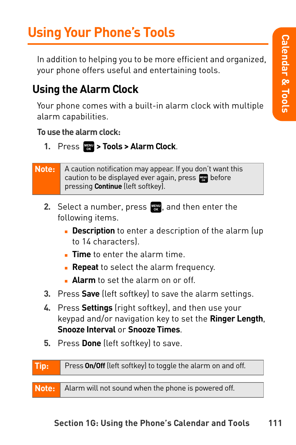 Using your phone’s tools, Using the alarm clock, Cal e nd ar & t o o ls | Sanyo Katana User Manual | Page 124 / 216