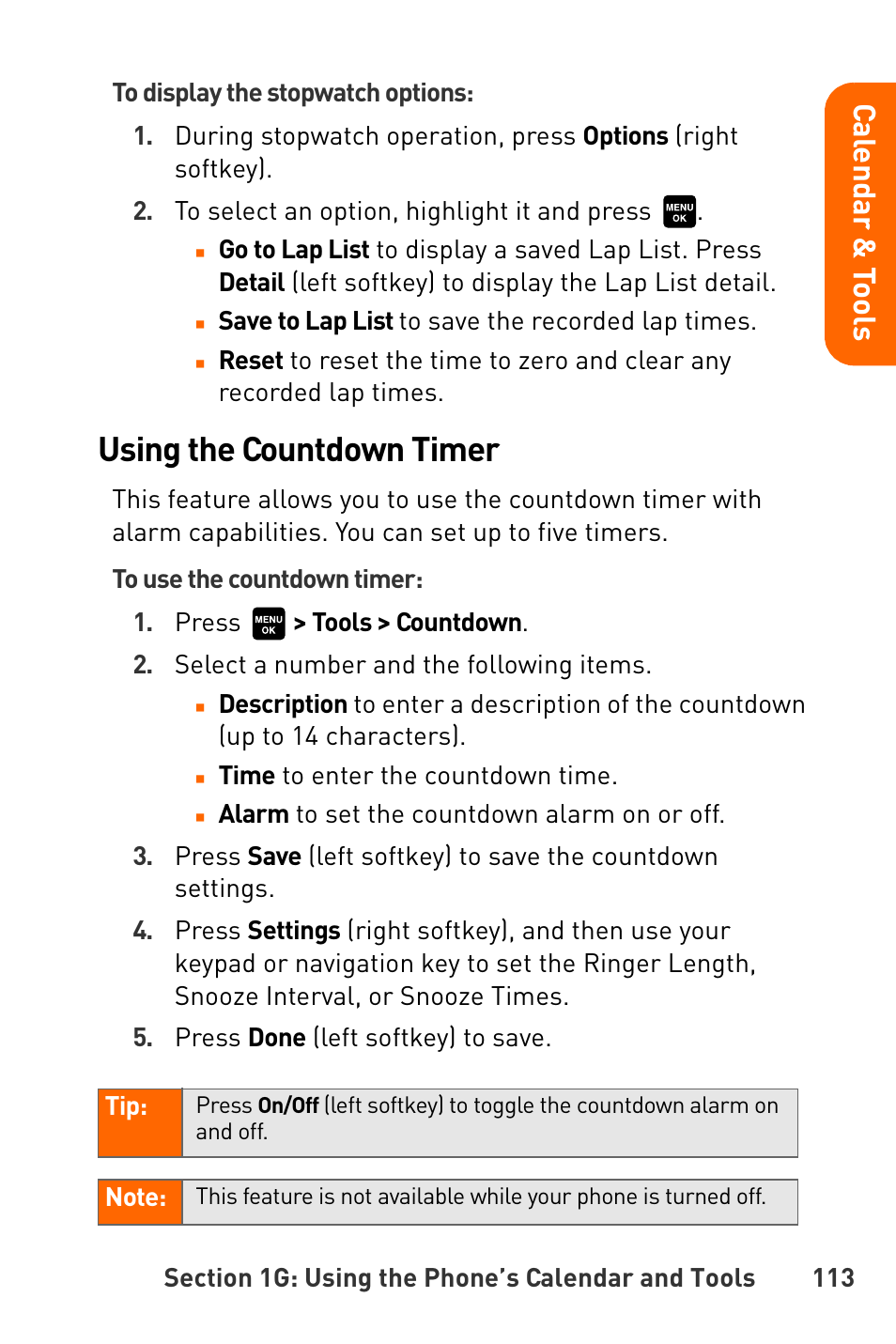 Using the countdown timer, Cal e nd ar & t o o ls | Sanyo Katana User Manual | Page 126 / 216