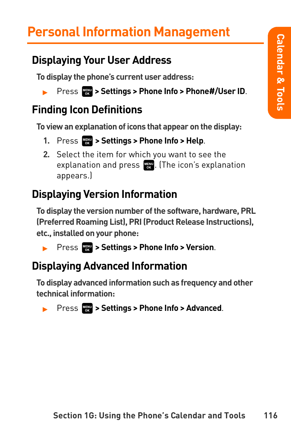 Personal information management, Displaying your user address, Finding icon definitions | Displaying version information, Displaying advanced information | Sanyo Katana User Manual | Page 129 / 216