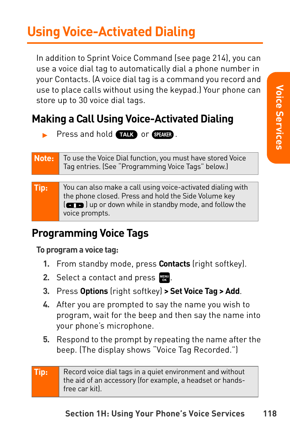 Using voice-activated dialing, Making a call using voice-activated dialing, Programming voice tags | Sanyo Katana User Manual | Page 131 / 216