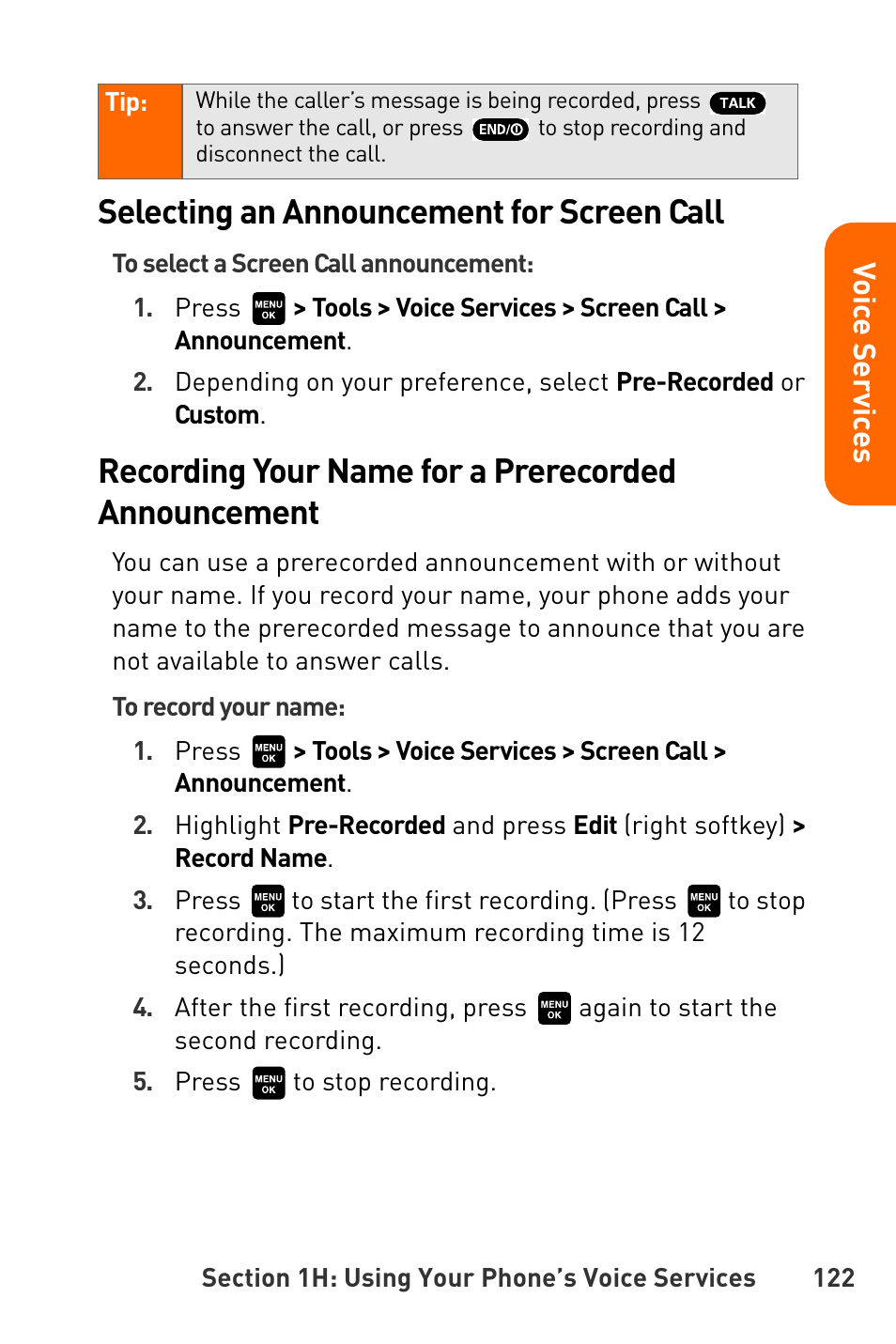 Selecting an announcement for screen call, Recording your name for a prerecorded announcement, Vo ic e servic es | Sanyo Katana User Manual | Page 135 / 216