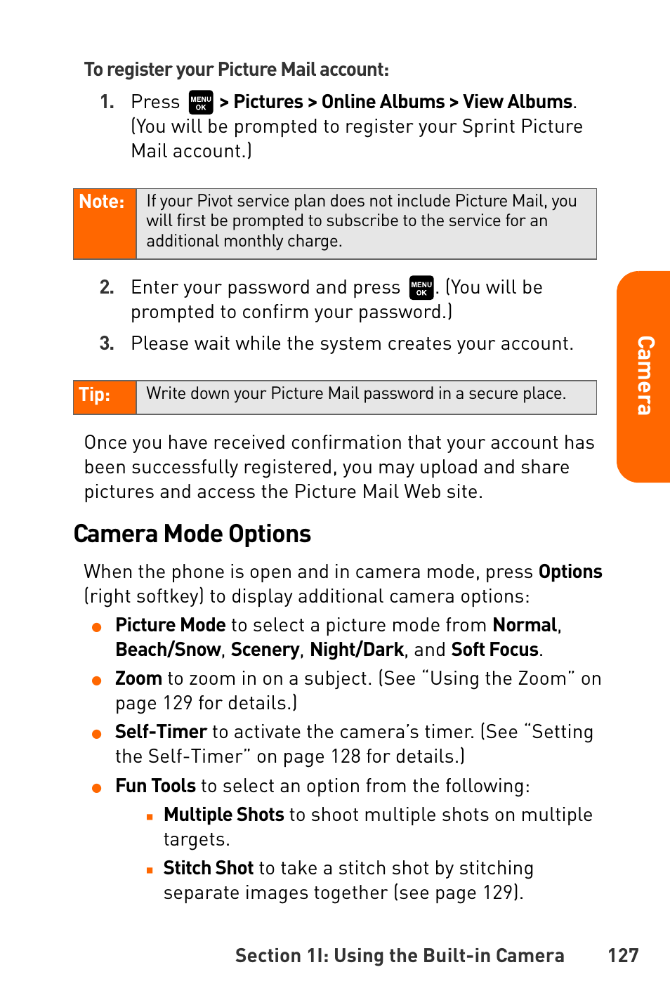 Camera mode options, Cam e ra | Sanyo Katana User Manual | Page 140 / 216