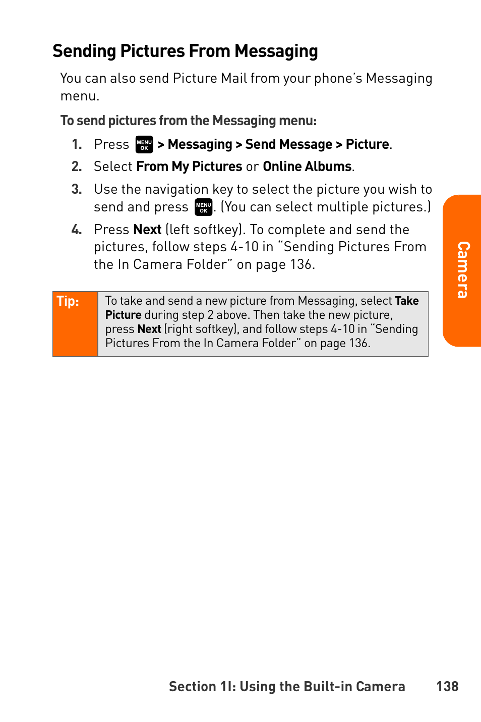 Sending pictures from messaging, Cam e ra | Sanyo Katana User Manual | Page 151 / 216