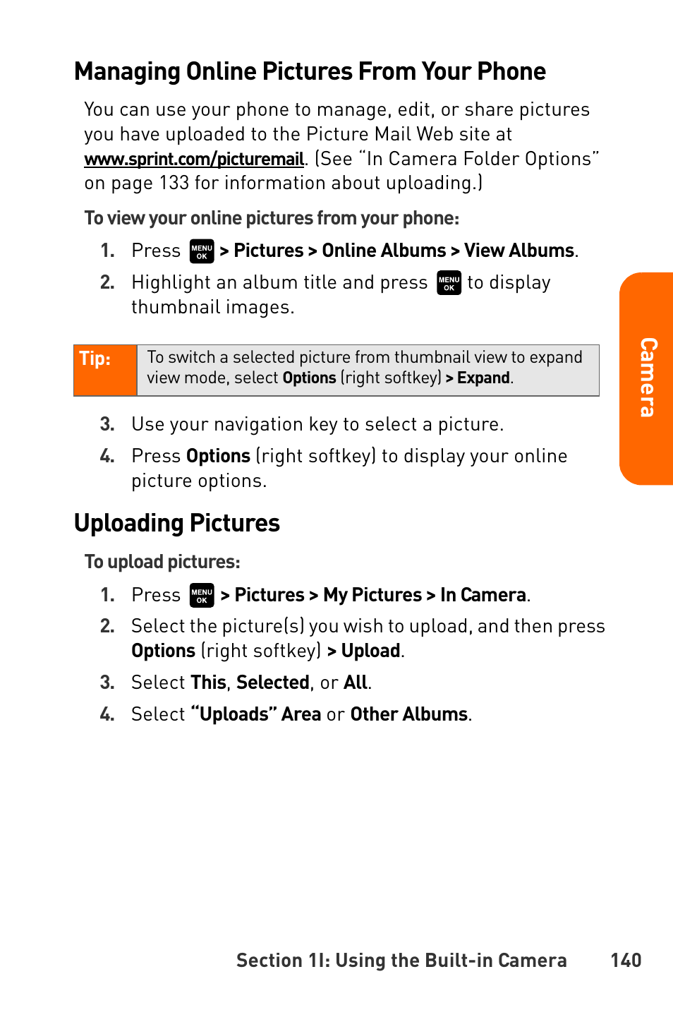Managing online pictures from your phone, Uploading pictures, Cam e ra | Sanyo Katana User Manual | Page 153 / 216