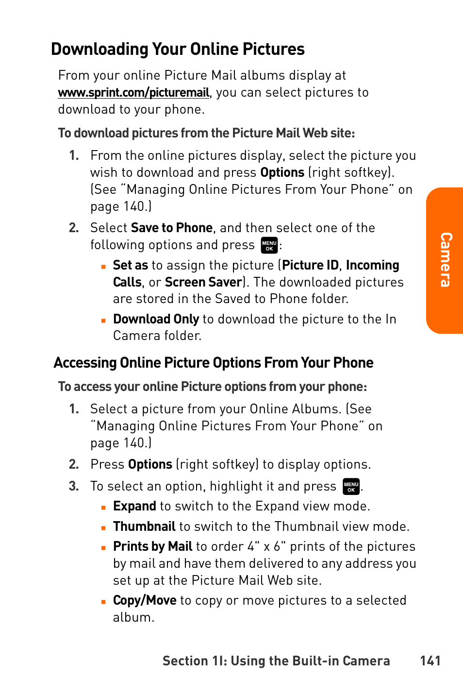 Downloading your online pictures, Cam e ra, Accessing online picture options from your phone | Sanyo Katana User Manual | Page 154 / 216