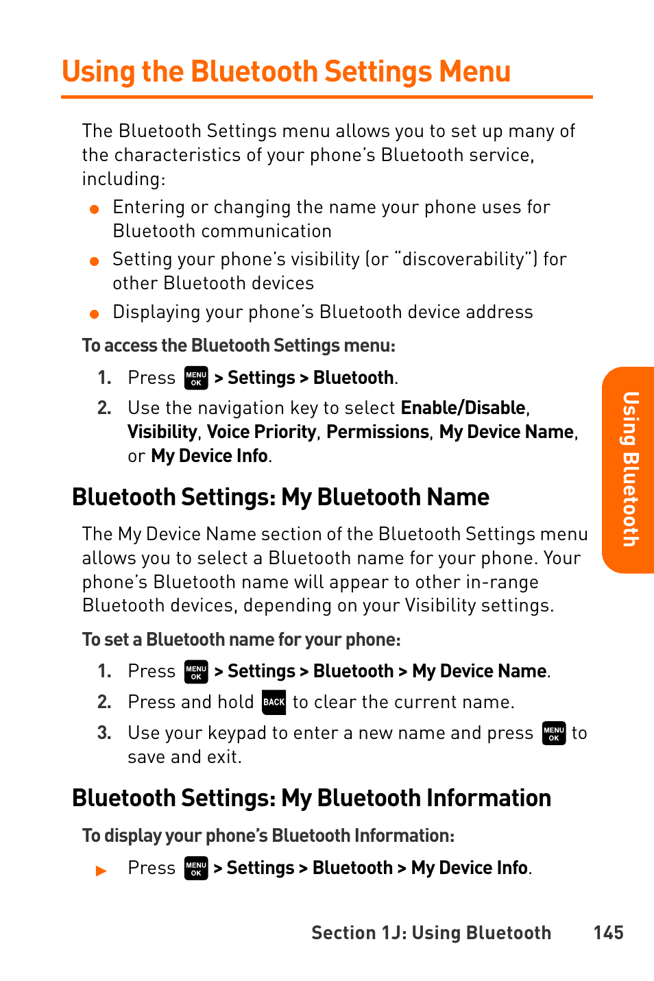 Using the bluetooth settings menu, Bluetooth settings: my bluetooth name, Bluetooth settings: my bluetooth information | Sanyo Katana User Manual | Page 158 / 216