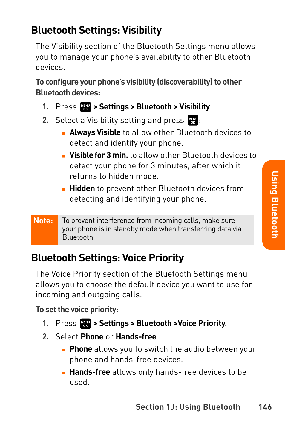 Bluetooth settings: visibility, Bluetooth settings: voice priority, Us in g bl ue toot h | Sanyo Katana User Manual | Page 159 / 216