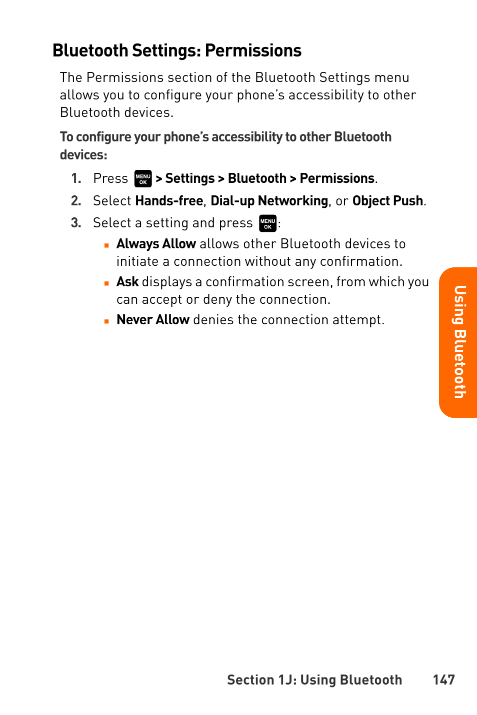 Bluetooth settings: permissions, Us in g bl ue toot h | Sanyo Katana User Manual | Page 160 / 216
