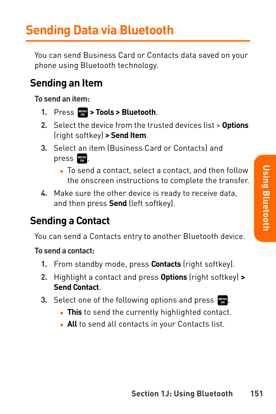 Sending data via bluetooth, Sending an item, Sending a contact | Sanyo Katana User Manual | Page 164 / 216