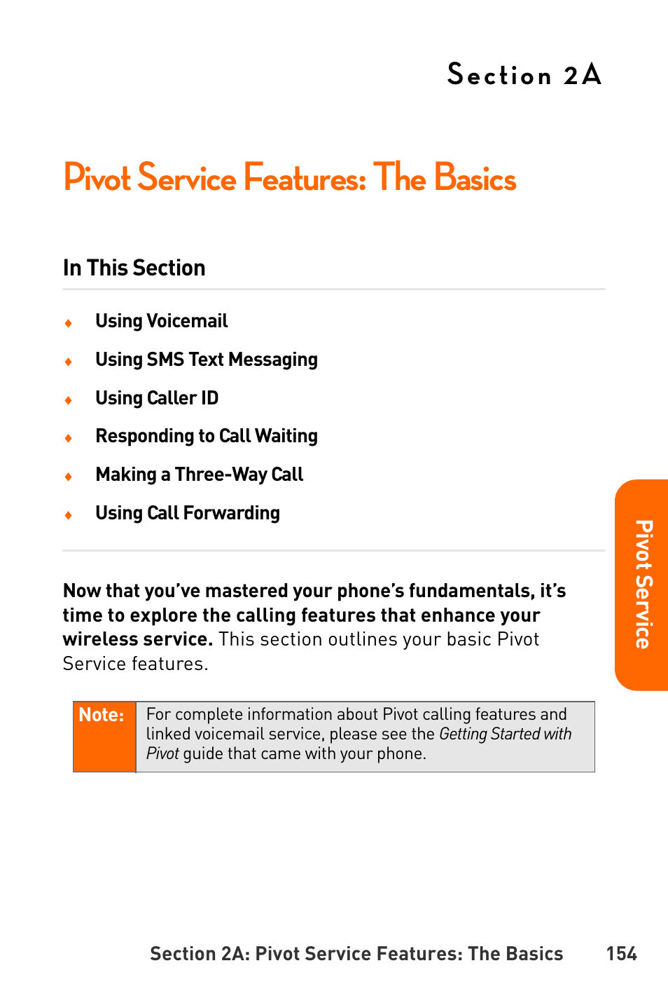 Pivot service features: the basics, 2a. pivot service features: the basics, Pivot servic e | Sanyo Katana User Manual | Page 167 / 216