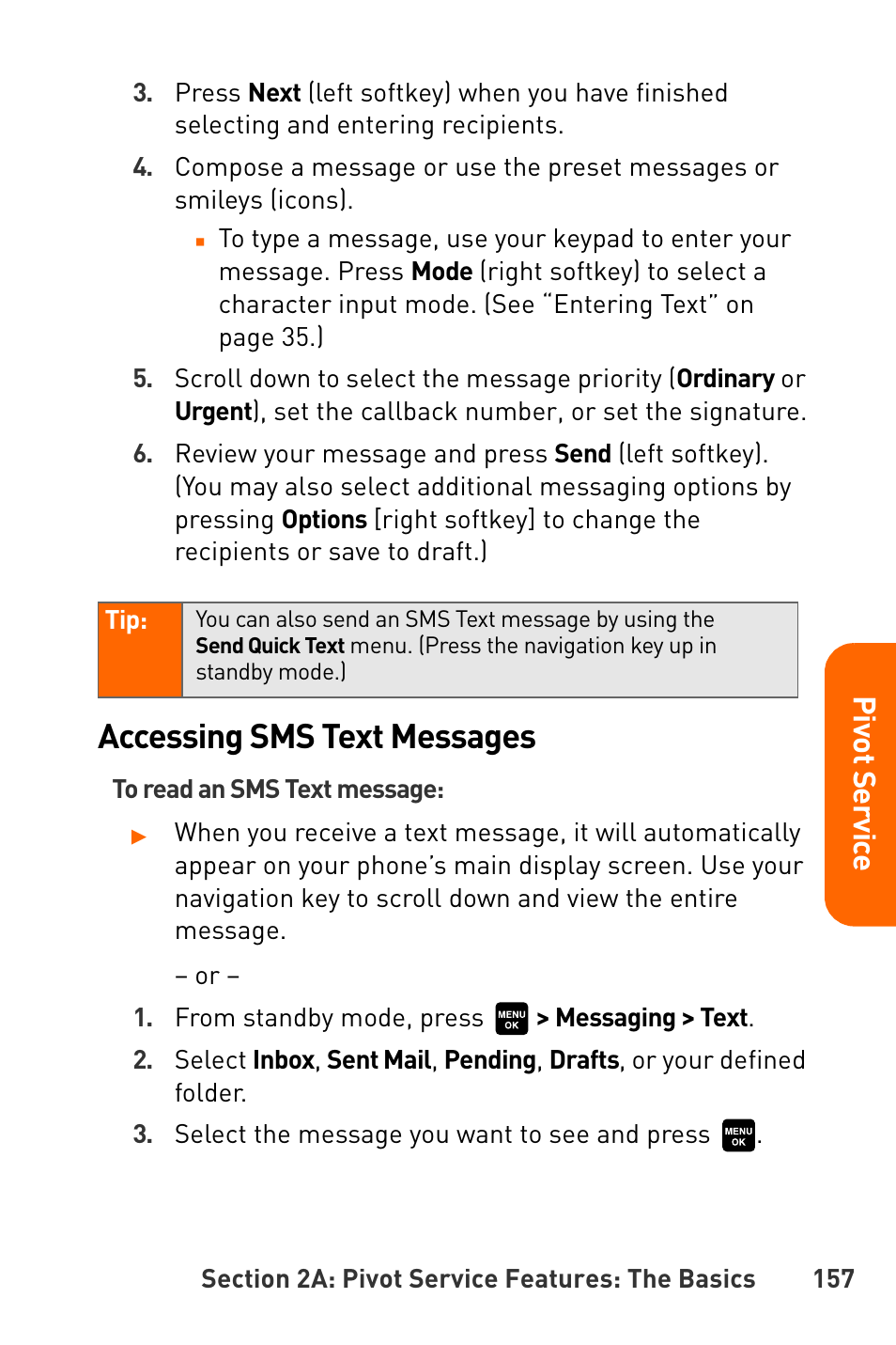 Accessing sms text messages, Pivot servic e | Sanyo Katana User Manual | Page 170 / 216