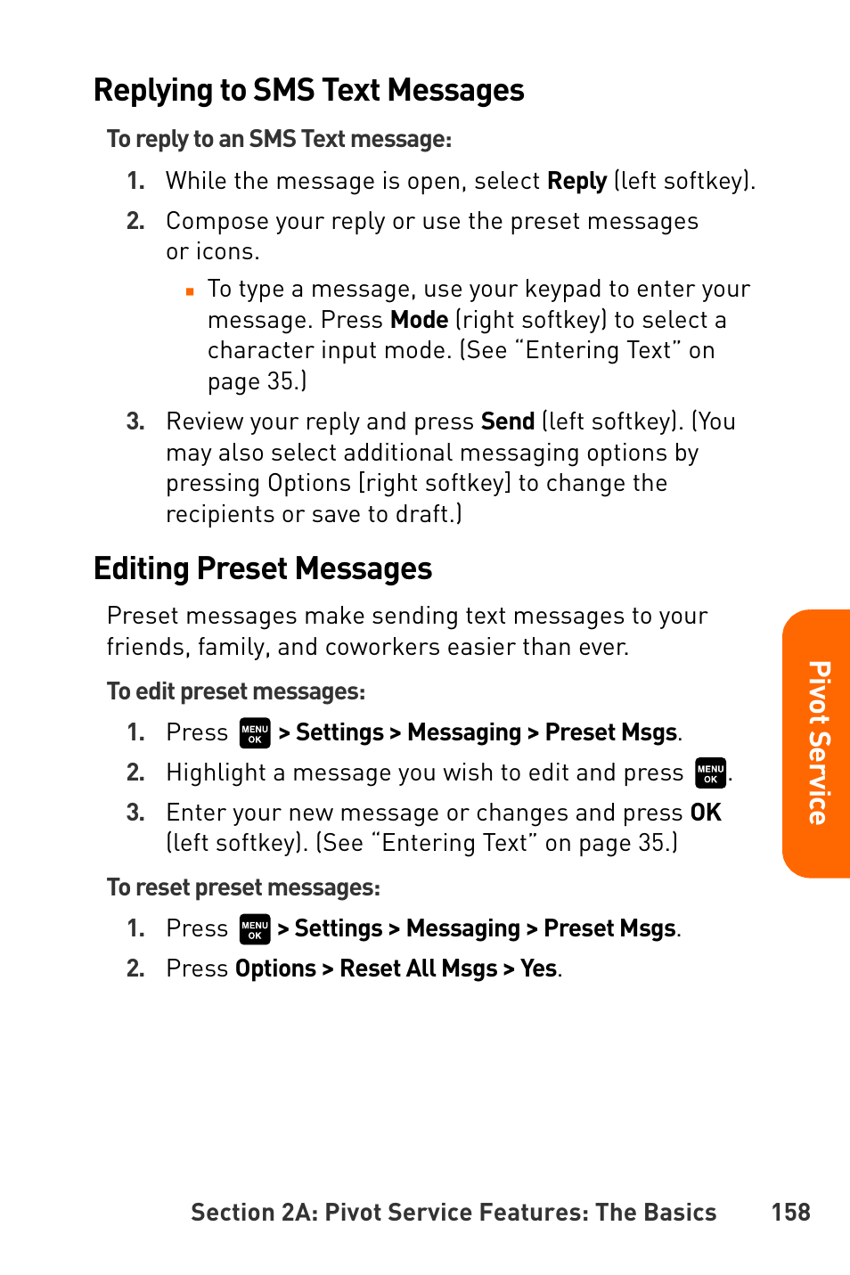 Replying to sms text messages, Editing preset messages, Pivot servic e | Sanyo Katana User Manual | Page 171 / 216