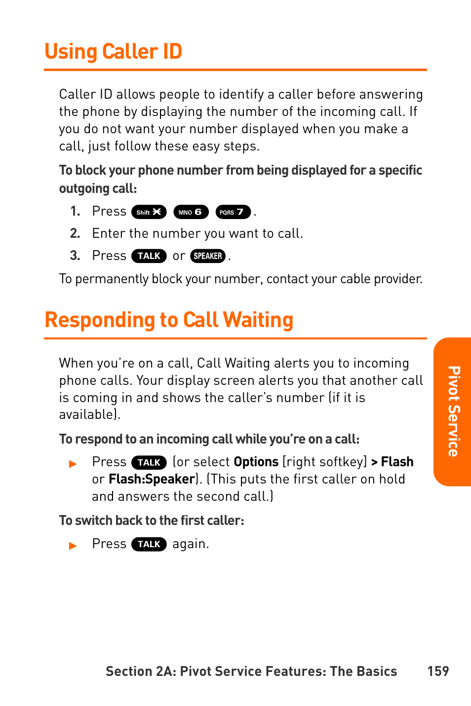 Using caller id, Responding to call waiting, Pivot servic e | Sanyo Katana User Manual | Page 172 / 216