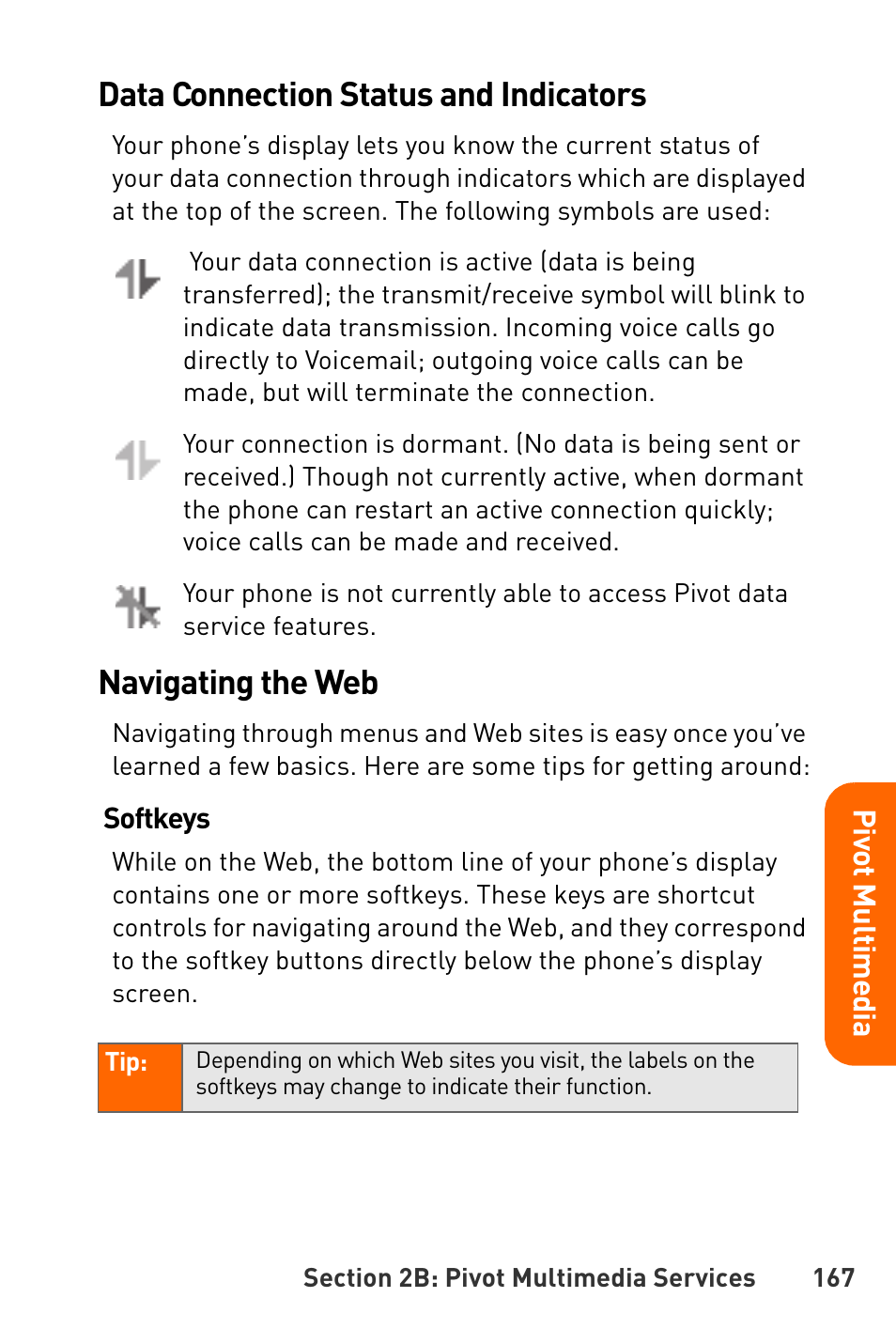 Data connection status and indicators, Navigating the web | Sanyo Katana User Manual | Page 180 / 216